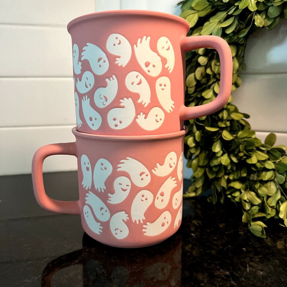Pink Halloween Ghosts Coffee Mug Set of 2 16oz Coral Rae Dunn?/Full Moon? NEW